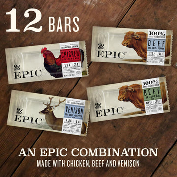 Epic Provisions Protein Bars Variety Pack, Venison, Chicken, Beef, Keto & Paleo Friendly, 12 Count