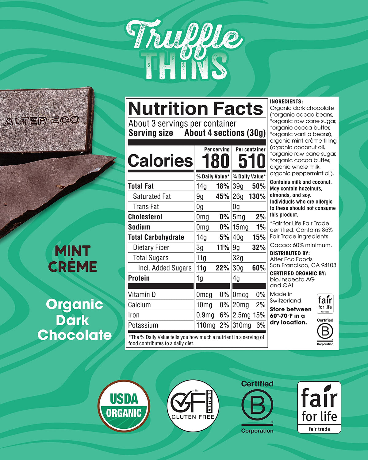 Alter Eco Mint Creme Truffle Thins, Chocolate Bar with Gooey Ganache Truffle Filling, Gluten-Free, Non-GMO Snacks, No Additives