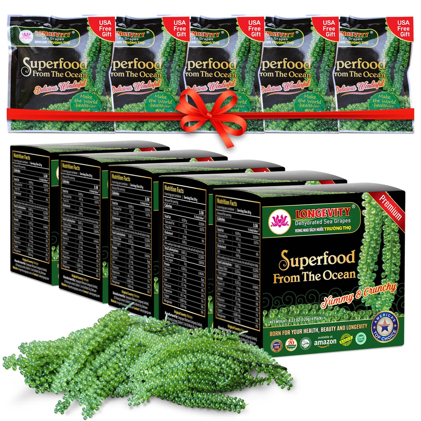 Longevity Sea Grapes - Umibudo Green Caviar - Dehydrated Marinated In Saltwater | Enhance Health Boosting Immune System Valued Natural Gift From Sea (Oriflavor Blendal 600G (21.2 Oz))
