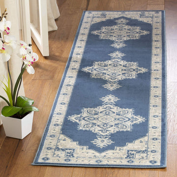 Safavieh Brentwood Collection 2 X 12 Navy Cream Bnt865N Medallion Distressed Non-Shedding Living Room Bedroom Runner Rug