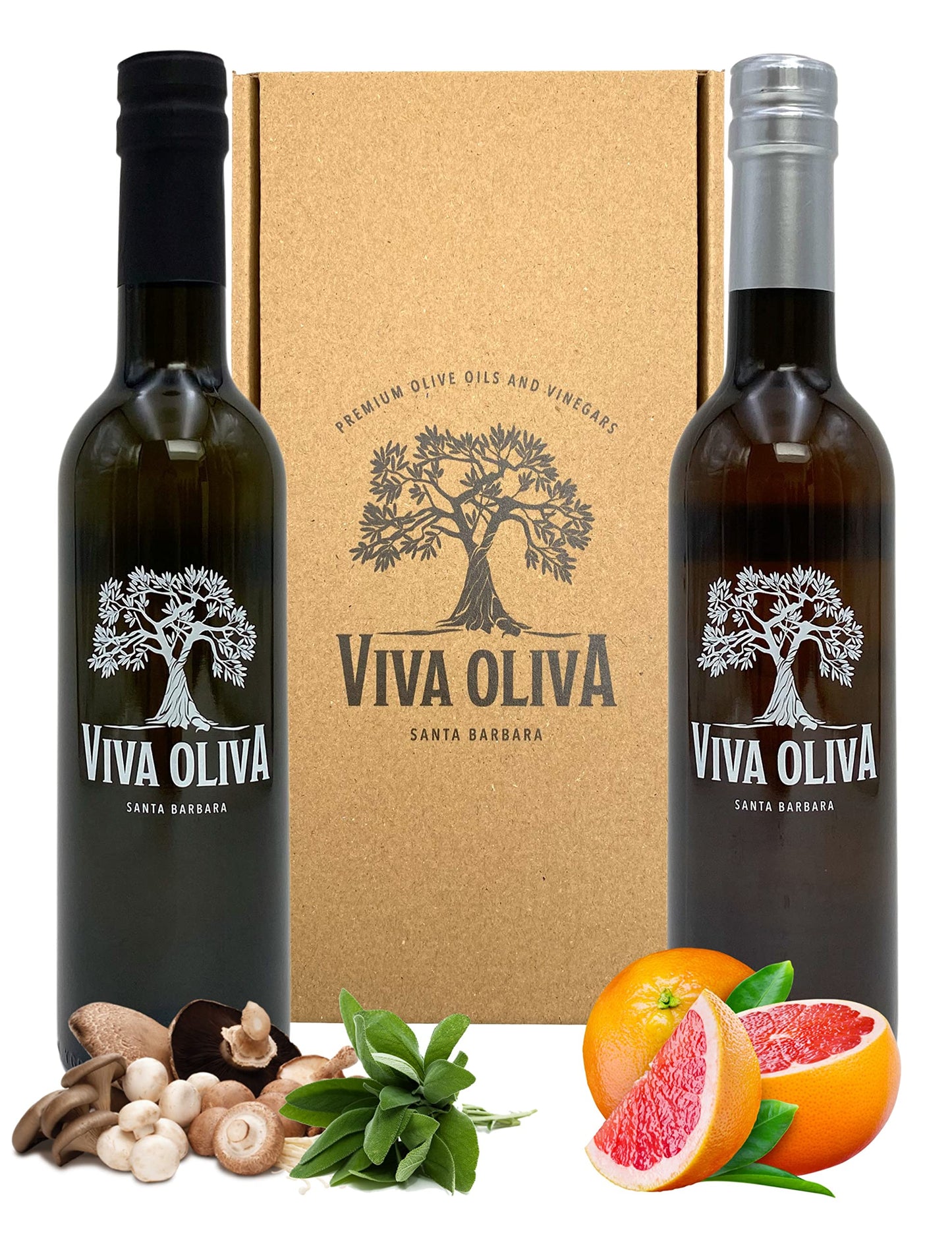 Viva Oliva Two 375Ml (12.7Oz) Variety Gift Set - Wild Mushroom & Sage Infused Olive Oil & Grapefruit Balsamic Vinegar - Top-Grade Quality - 100% Natural