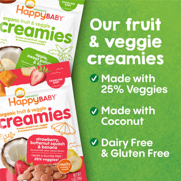 Happy Baby Organic Creamies Freeze Dried Fruit, Veggie, & Coconut Cream Snacks, With Apple, Sweet Potato, And Kiwi, Made For Crawling Baby, 1 Ounce (Pack Of 8)