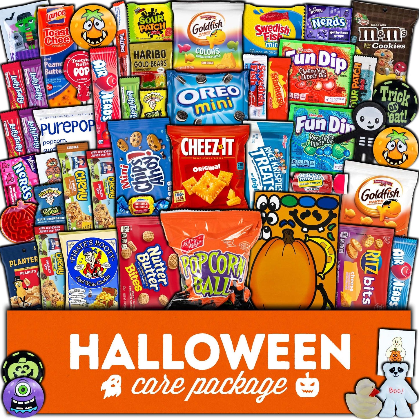 Halloween Candy Care Package Gift (50Ct) Snacks Box Basket Candies Kids Children 18+ Uses Cookies Food Variety Pack Bundle Mixed Bulk Sampler Girls Boys Guys Men Women Boyfriend Girlfriend College Student