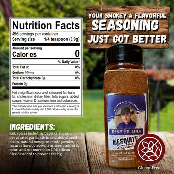 Kent Rollins Mesquite Smoke Seasoning - Gluten Free Meat Rub - Ancho Chile & Sweet Smoke Flavor - 14.5 oz