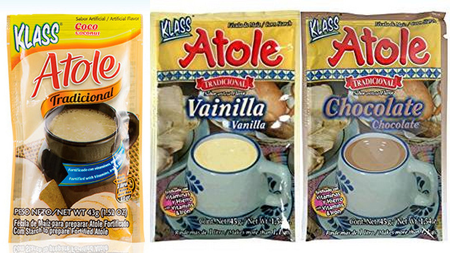 Klass Atole Variety Bundle, 1.52 oz (Pack of 9) Includes 3-Chocolate + 3-Vanilla + 3-Coconut Atole