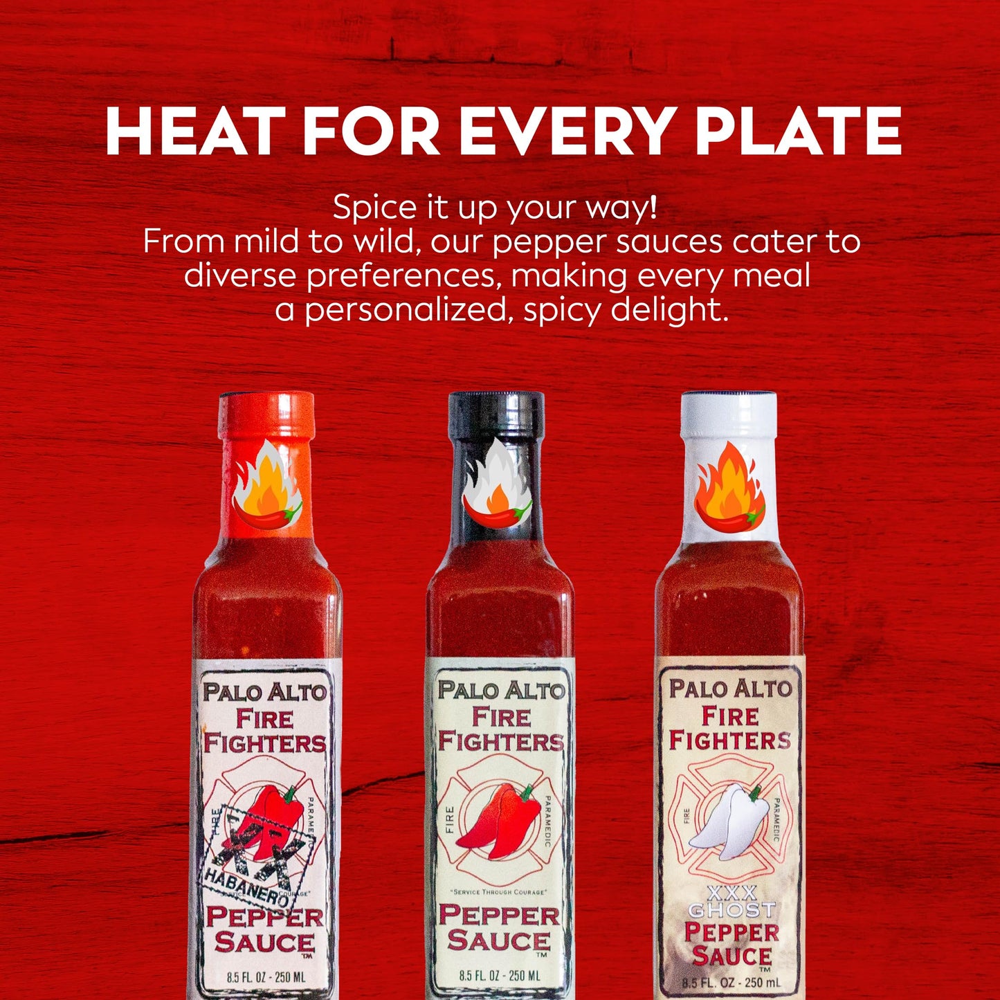 Palo Alto Firefighters Pepper Sauce Variety Pack (8.5Oz) - Pack Of 3 (Original, Habanero, Ghost Pepper) - Salt Free Pepper Plant