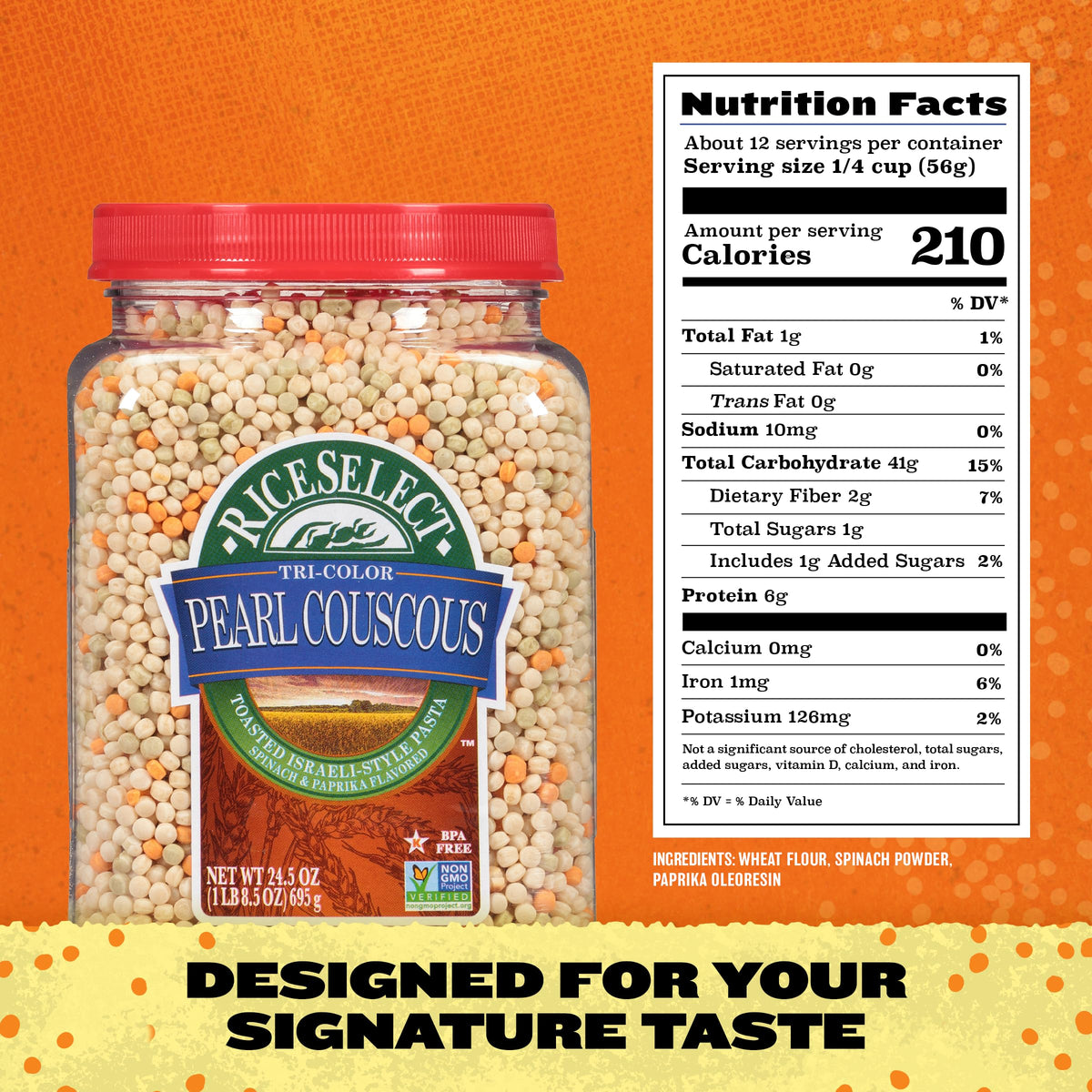 RiceSelect Tri-Color Pearl Couscous, Toasted Israeli Pasta, Spinach & Paprika, 24.5 oz Jar (Pack of 1)