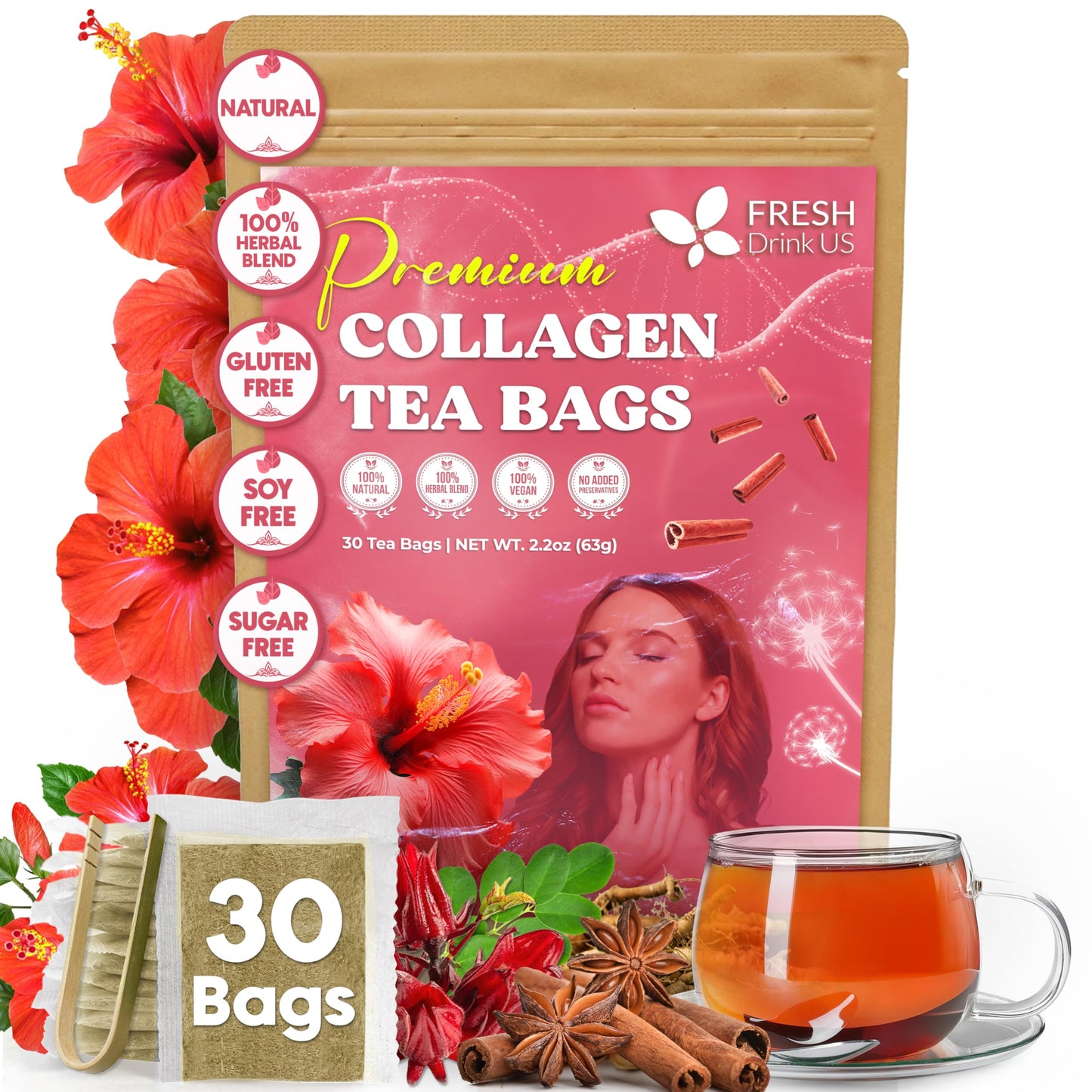 Freshdrinkus Top-Grade Collagen Herbal Tea - 30 Tea Bags | Cinnamon Stick Hibiscus Dandelion Root Moringa Leaves Rose Hip Flavor Blendger Fennel Seed Boswellia | Energy Blend-Free Natural Flavorful Blend