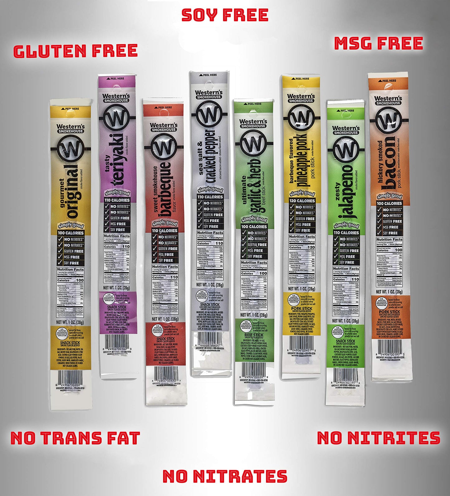 Western s Smokehouse Meat Sticks Variety Pack of 40 - 8 Flavors of Pork and Beef Jerky - Bulk Snacks Individually Wrapped Gluten-Free MSG-Free Soy-Free No Nitrates