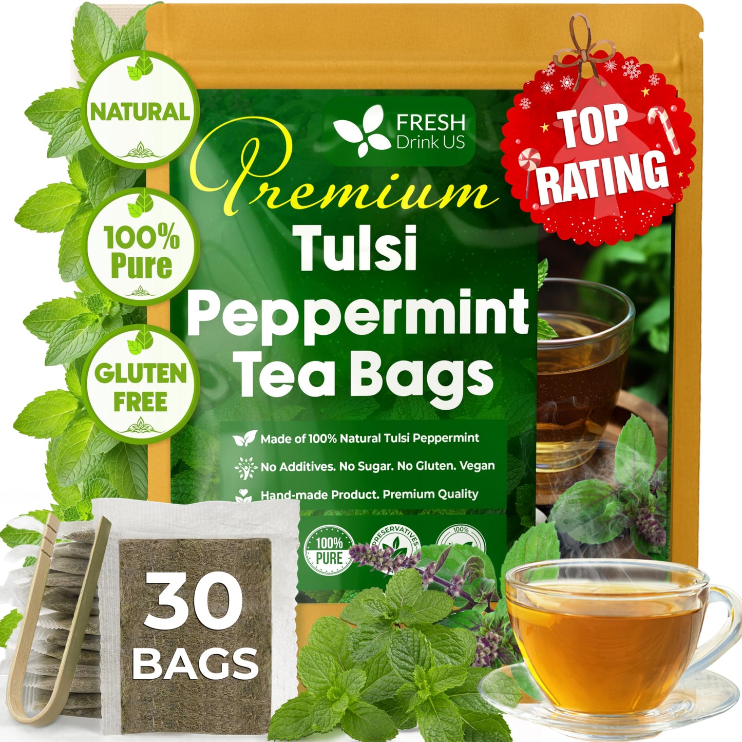 Freshdrinkus Top-Grade Tulsi Peppermint Herbal - 30 Tea Bags 100% Natural Blend Of Tulsi Holy Basil Leaves And Peppermint Leaves. Made With Natural Material Tea Bags. No Sugar Vegan.