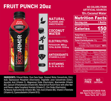 Bodyarmor Sports Drink Sports Beverage, Fruit Punch, Coconut Water Hydration, Natural Flavors With Vitamins, Potassium-Packed Electrolytes, Perfect For Athletes, 20 Fl Oz (Pack Of 6)