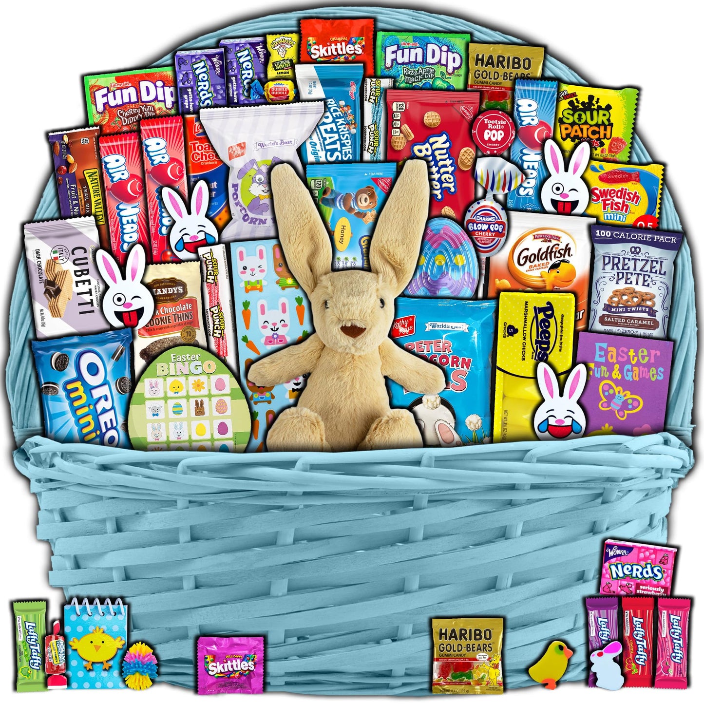 Blue Easter Basket For Kids And 18+ Uses (45Ct) - Already Filled Easter Gift Basket With Plush Easter Bunny Candy Snacks And Treats - Boys Girls Grandchildren Young Children Toddlers Men Women