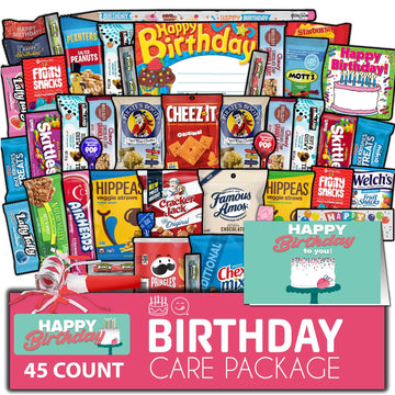 Gift A Snack - Happy Birthday Snack Box Variety Pack Care Package + Greeting Card (45 Count) Bday Sweet Gift Basket Candies Chips ers Bars - Food Assortments Assortments & Variety Gifts