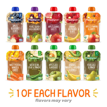 Happy Baby Organics Stage 2 Baby Food Pouches, Gluten Free, Vegan & Healthy Snack, Clearly Crafted Fruit & Veggie Puree, Fruit & Veggie Variety Pack, 4 Ounces (Pack Of 10), Large Online Retailer Limited Availability