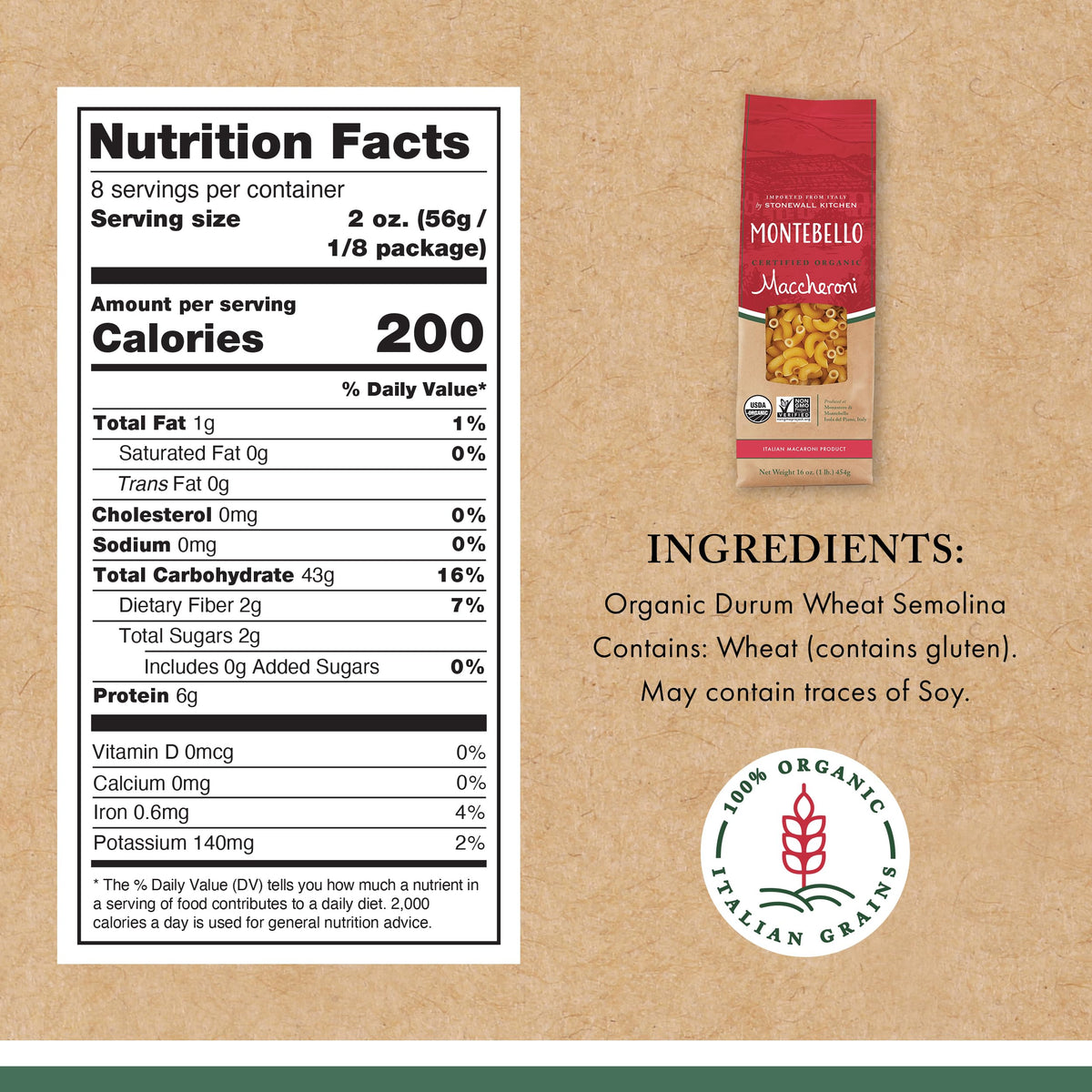 MONTEBELLO Organic Maccheroni Pasta, 16 Ounce (1 lb), Yellow