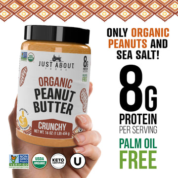 Just About Foods Organic Keto Peanut Butter Crunchy - Gluten-Free, No Sugar Added, Unsweetened, 16 Ounce