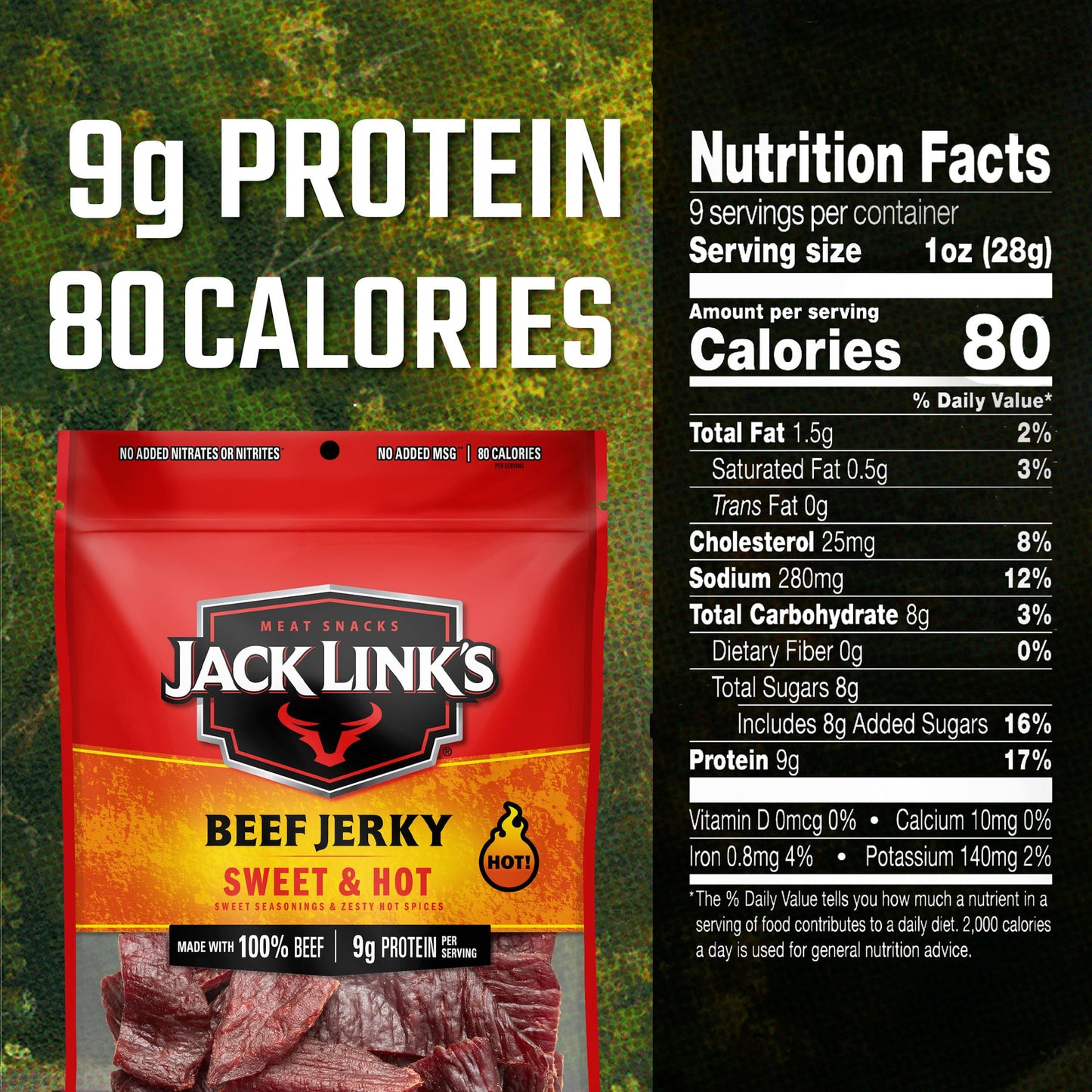 Jack Links Beef Jerky, Sweet & Hot, 9g Protein, 80 Calories, 9 Oz. (Pack of 2)