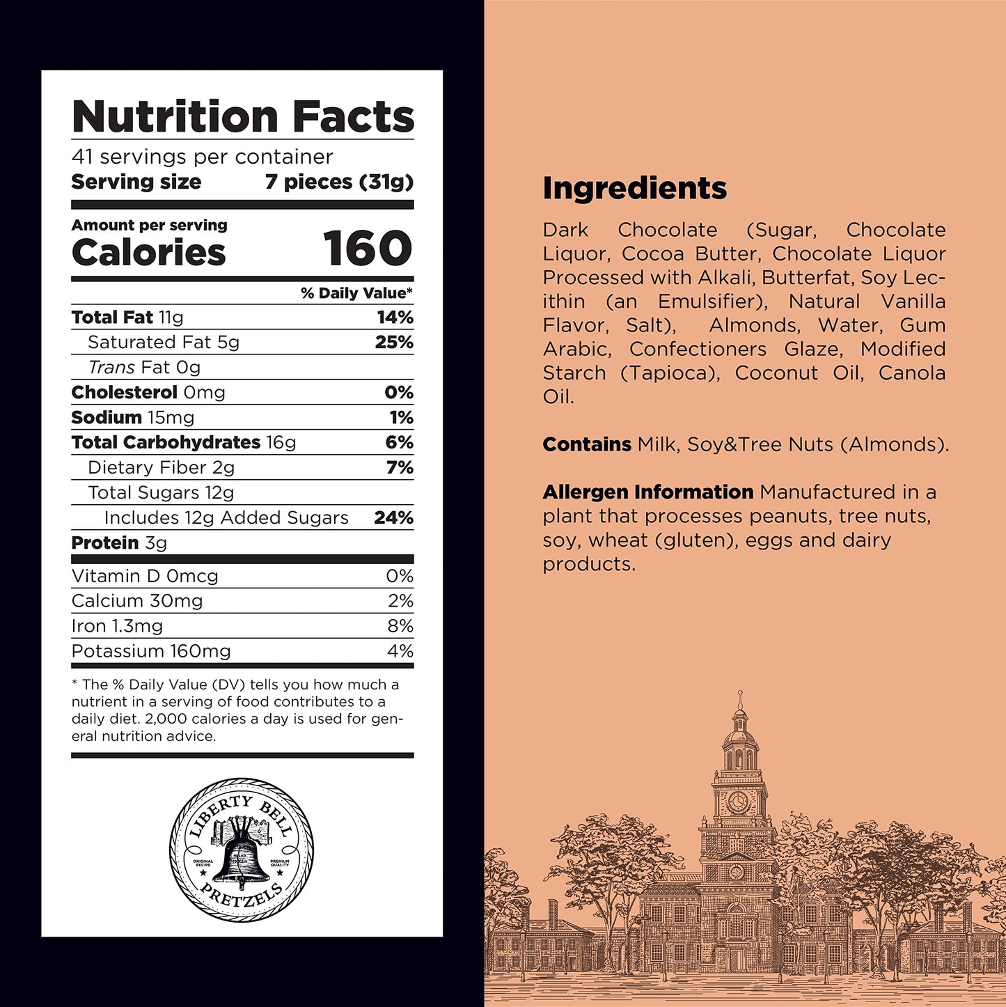 Liberty Bell Dark Chocolate Covered Almonds, 43 Ounce Bag