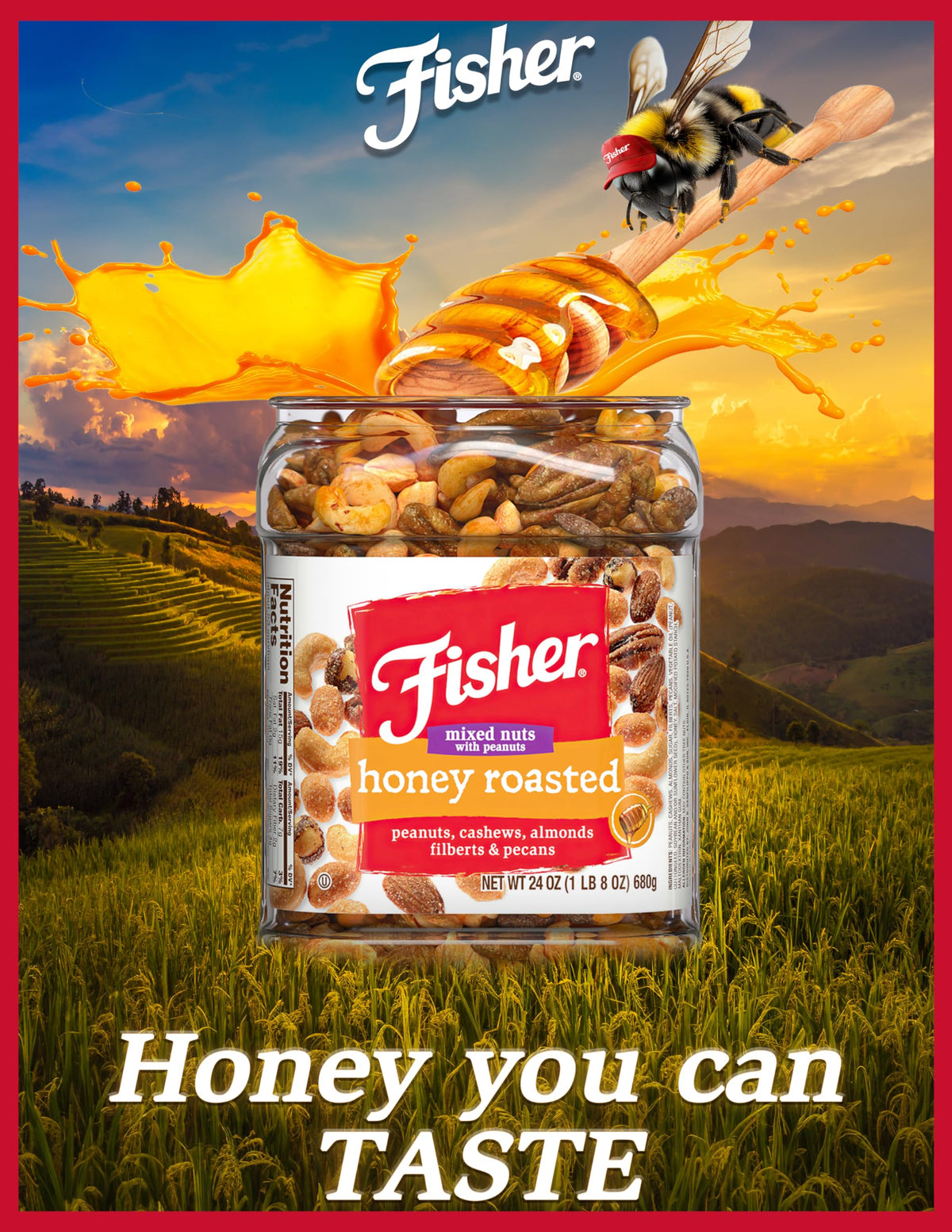 Fisher Snack Honey Roasted Mixed Nuts With Peanuts, 24 Ounces, Peanuts, Cashews, Almonds, Filberts, Pecans