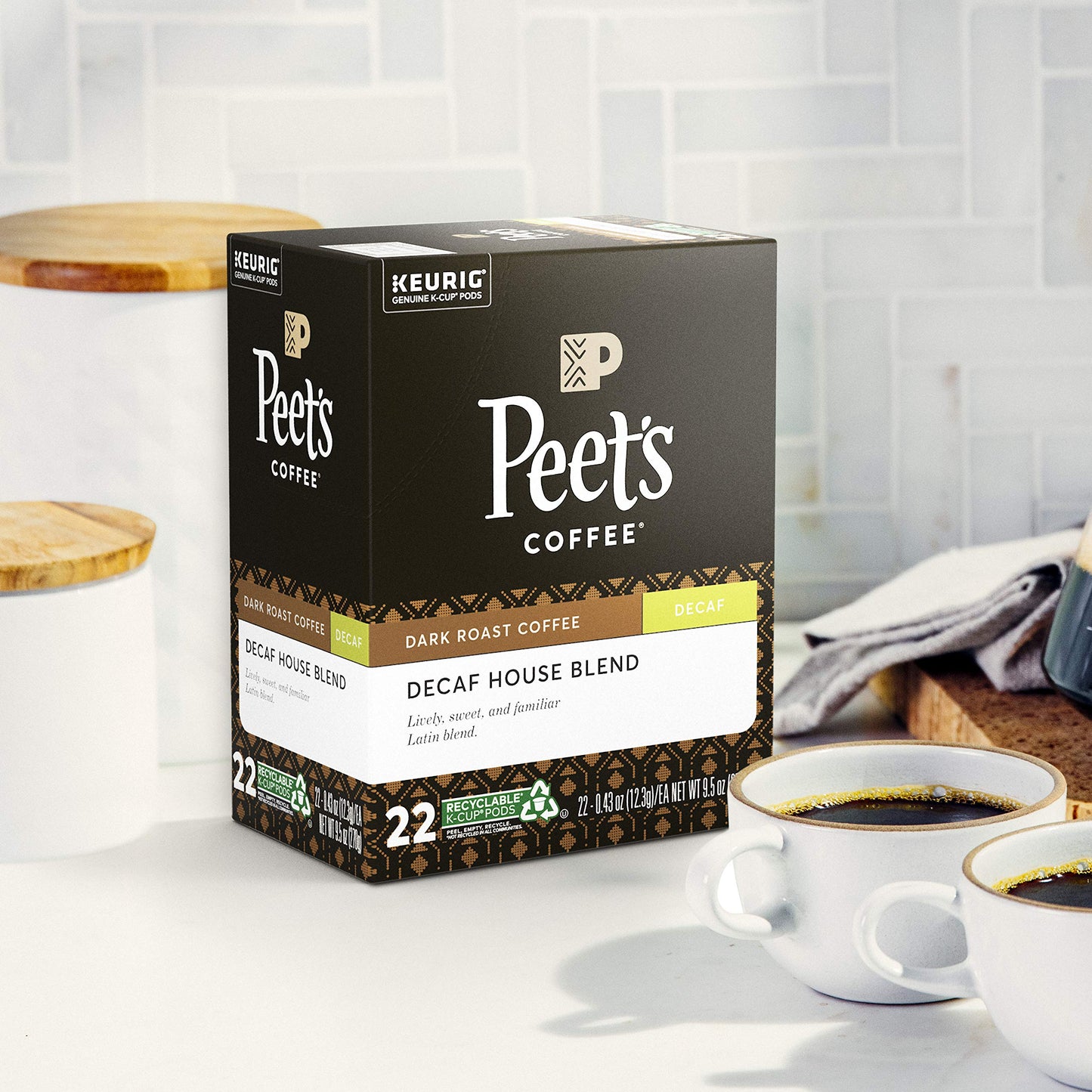 Peets Coffee Decaf House Blend K-Cup Pods, Dark Roast, 22 Count, Model 6544