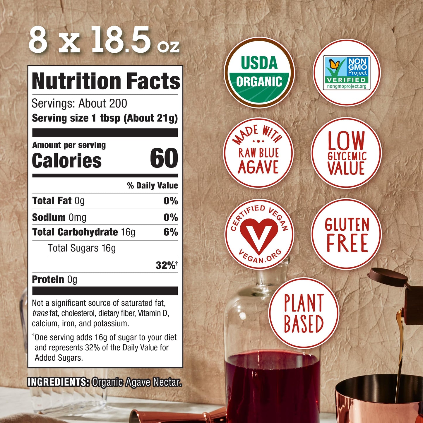 In The Raw Organic Agave Nectar Sweetener, Light Agave, 18.5oz Bottle, Pack of 8, Vegan, Gluten-Free, Low Carb, Low Glycemic