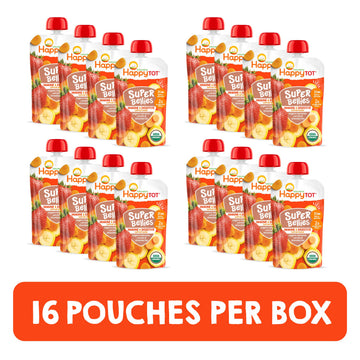 Happytot Organics Stage 4 Baby Food Pouches, Gluten Free, Vegan Snack, Super Bellies, Fruit & Veggie Puree, Banana, Carrot & Strawberry 4 Ounce (Pack Of 16)