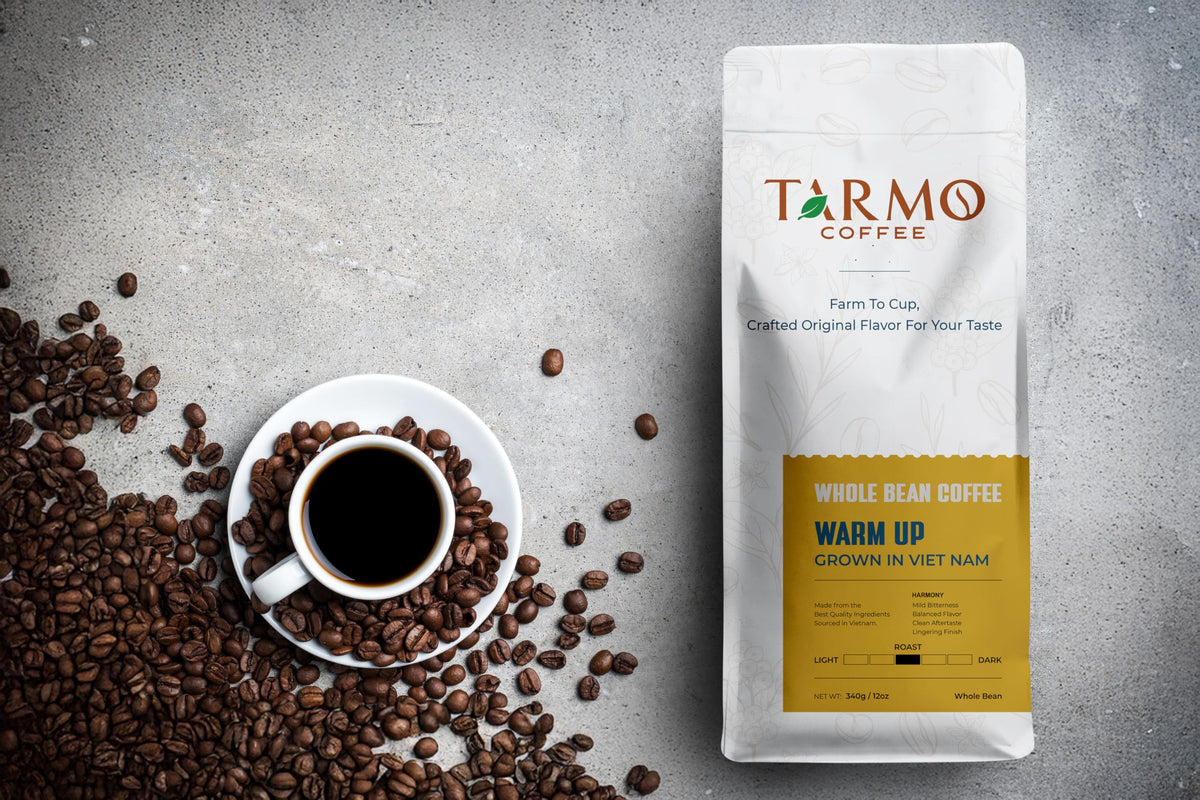 TARMO COFFEE Low Acid 100% ROBUSTA Whole Bean Coffee, Specialty Vietnamese, Medium Roast, 12 Oz Bag