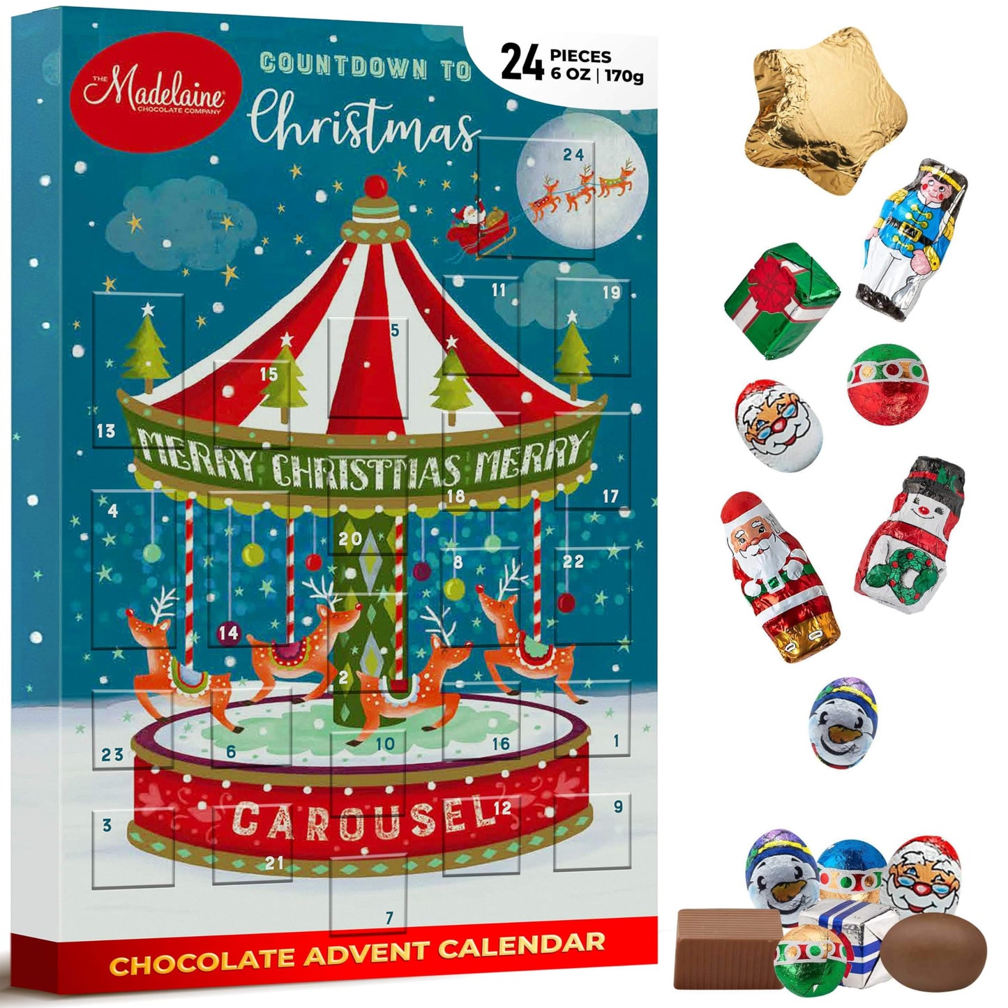 Madelaine 2025 Christmas Advent Calendar - Chocolate & Candy Christmas Countdown For Kids Women Men Teen Girls & Boys - Holiday Treats Advent Calendars -Carousel - 6 Oz