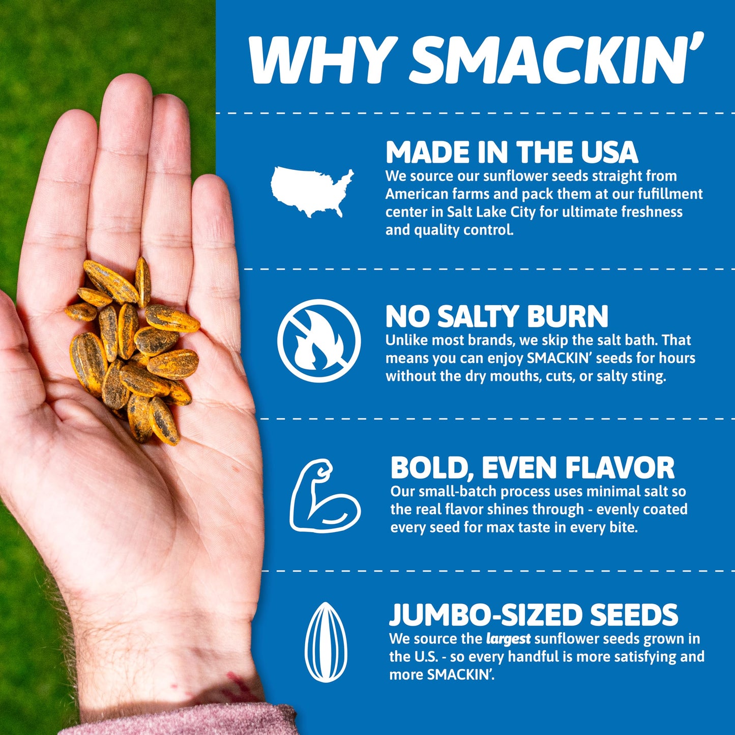 Smackin' - Jumbo Roasted Sunflower Seeds, No Salty Burn, American Made, Easy Pour & Seal - Garlic Parmesan, 4Oz Bag (12 Bags)