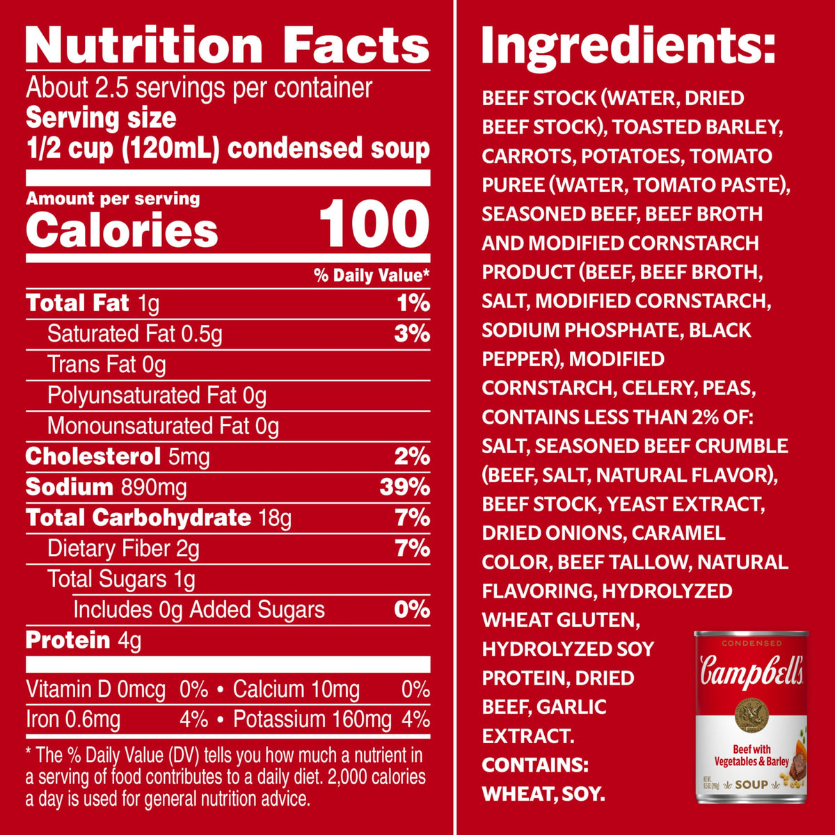 Campbells Condensed Beef Soup With Vegetables and Barley, 10.5 oz Can
