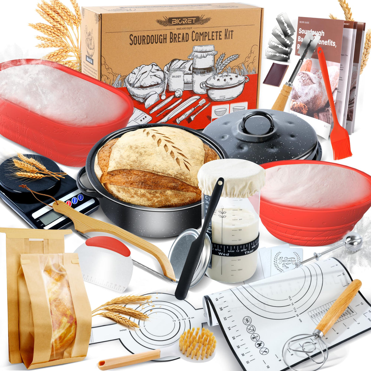 Sourdough Bread Baking Supplies 34 Oz Sourdough Starter Kit With Pot 2 Silicone Bread Proofing Baskets And Bread Making Tools Kit - Red