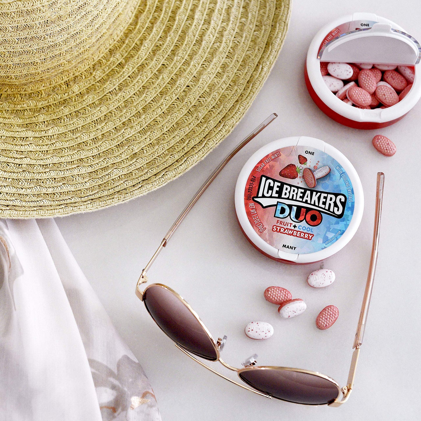 ICE BREAKERS Sours Assorted Fruit Flavored Sugar Free Mints Tins (8 Count) and ICE BREAKERS Duo Fruit Plus Cool Strawberry Sugar