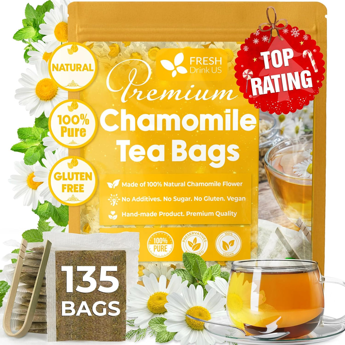 Chamomile Tea Bags, 100% Natural Chamomile, Freshly Picked, Naturally Dried Chamomile, Hand-made, Biodegradable Tea Bag