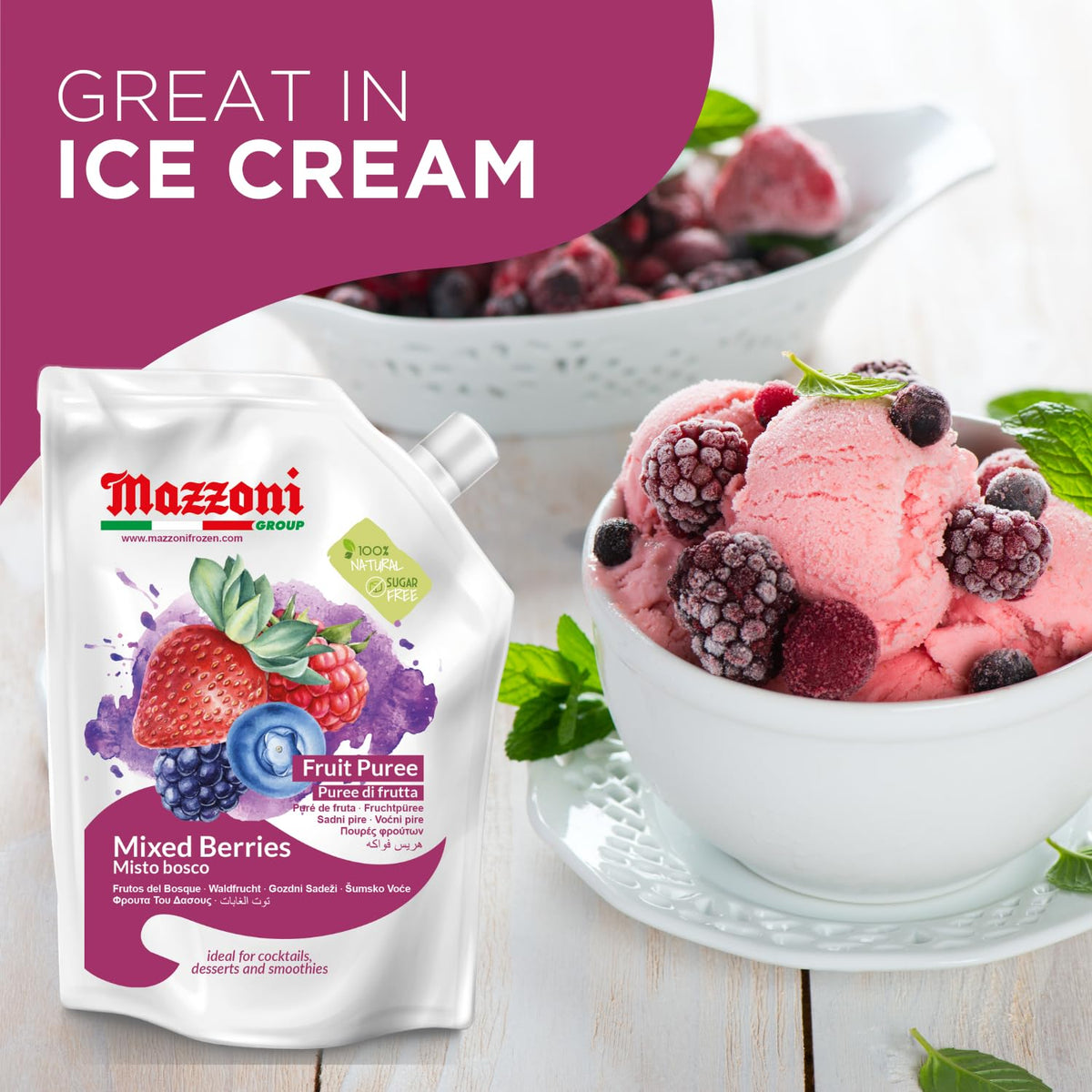 Mazzoni, Forest Berries Puree, 100% Pure Forest Berries, Just Fruit, No Sugar Added, 2.2 lb