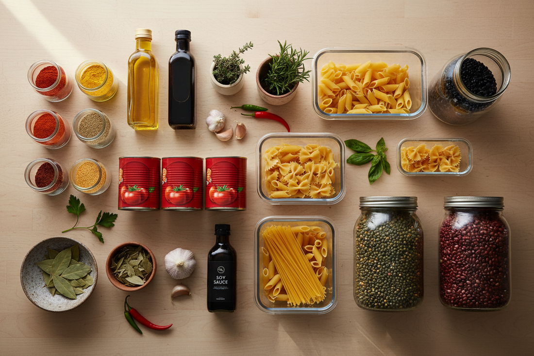 A top-down view of various dry pantry and cooking staples, including spices, oils, canned tomatoes, pasta, lentils, and fresh herbs, spread out on a light wooden table.