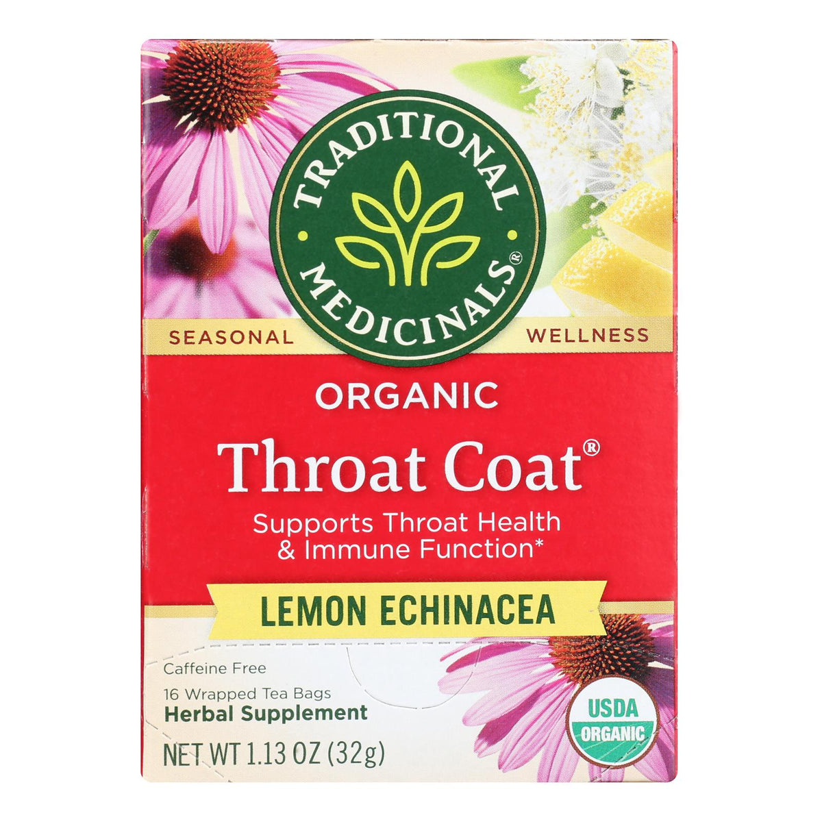Organic Lemon Echinacea Throat Coat Tea, 16 Bags, 6-Pack
