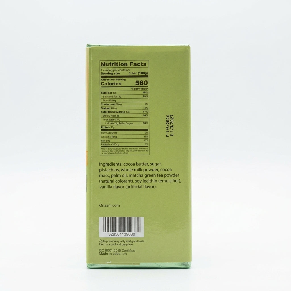 Onaani Milk Chocolate Pistachio Knefeh 100g - Lebanese Fusion Bar