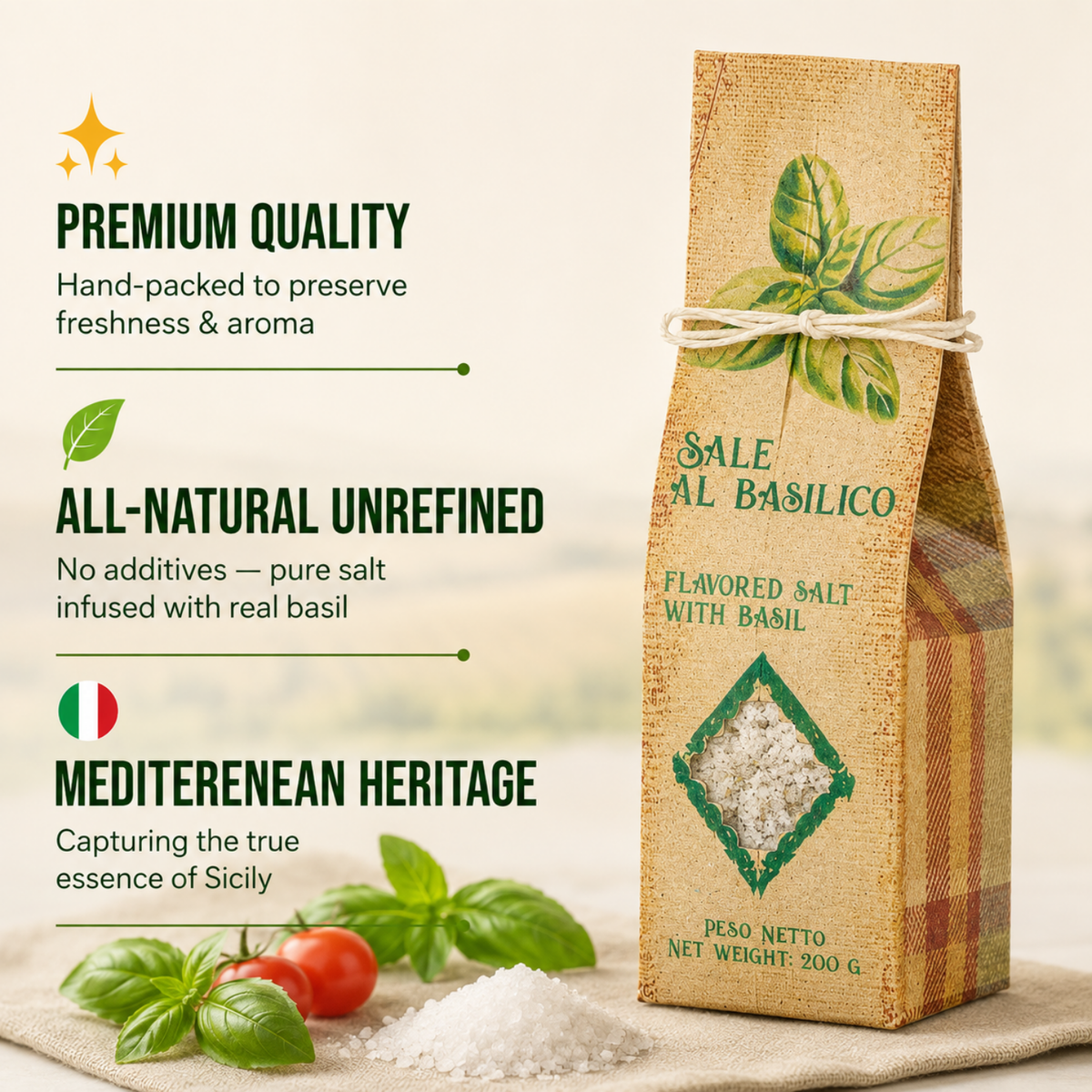 Artigiani dei Sapori, Sicilian Sea Salt with Basil, 7oz (198g)