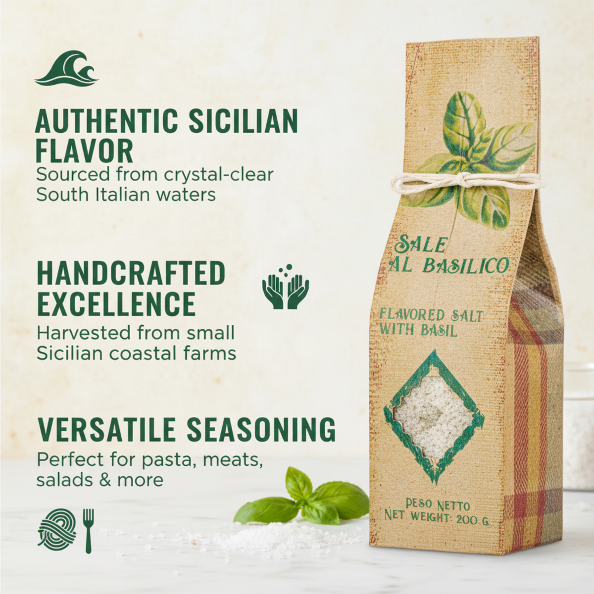 Artigiani dei Sapori, Sicilian Sea Salt with Basil, 7oz (198g)