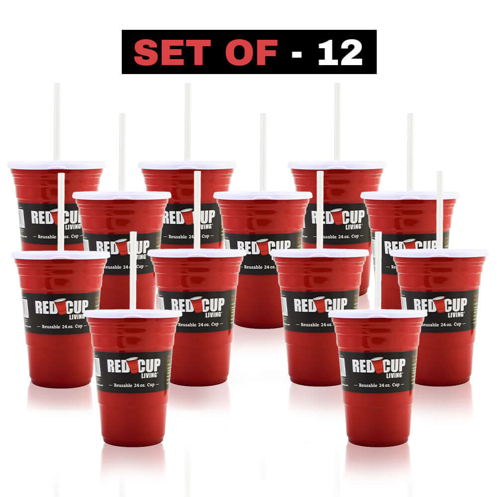24oz Reusable Red Party Cups & Lids w/ Straws