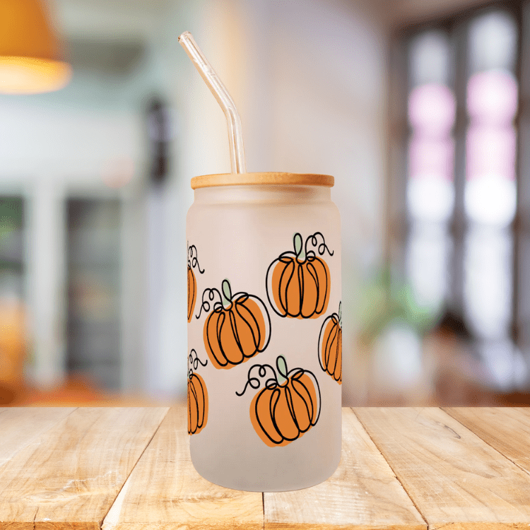 Pumpkin Glass Iced Coffee Cup – 16oz Iced Coffee Tumbler with Lid & Straw
