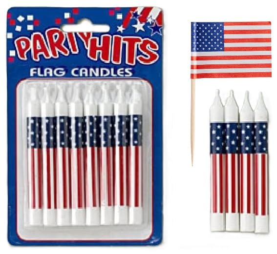 Oasis Supply, All American Bundle - 8-Pack Patriotic Birthday Candles, 6 USA! Food Flag Picks, & 4oz Red, White, & Blue Sprinkles