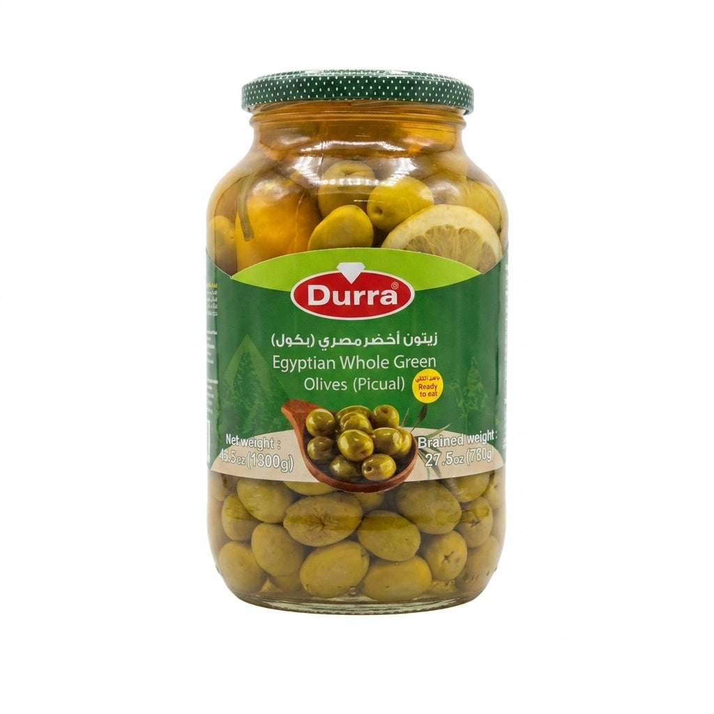 Durra Egyptian Whole Green Olives 45.8oz - Picual Variety Ready to Eat