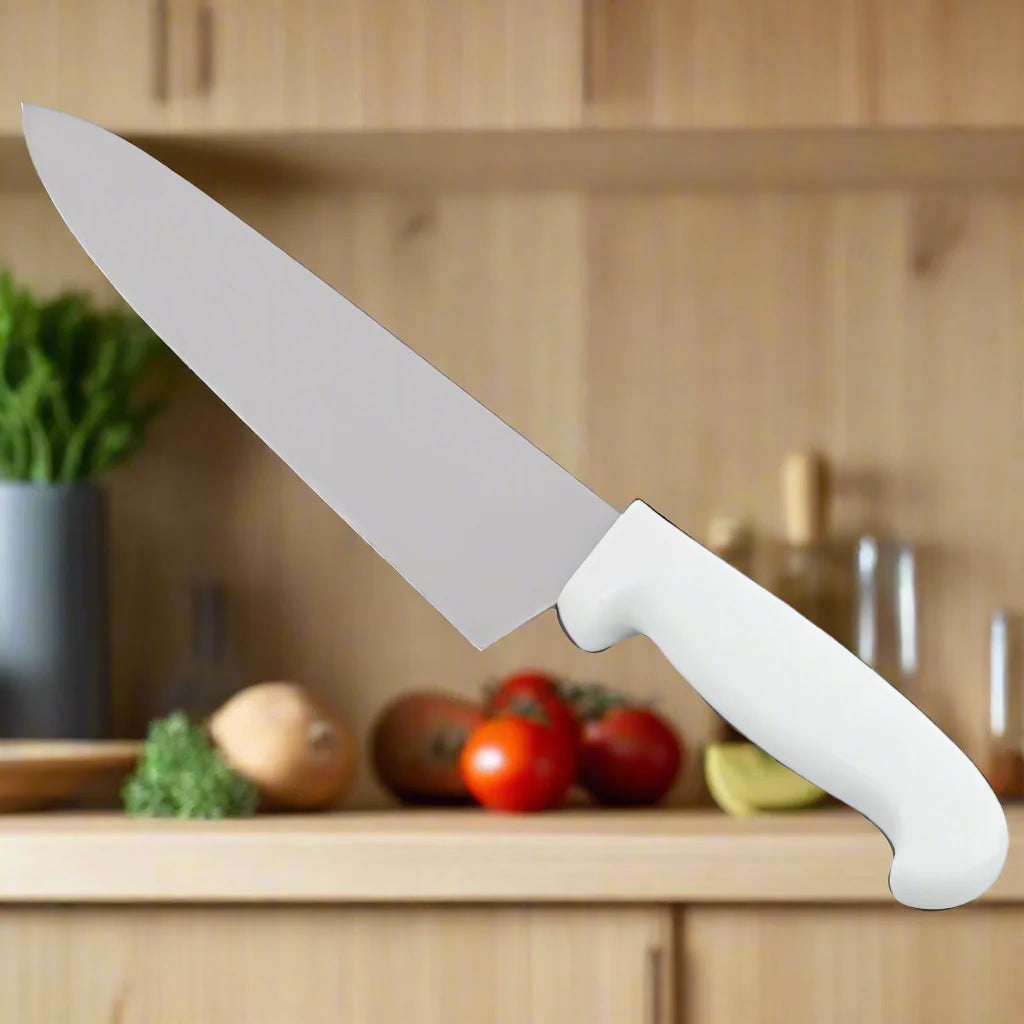 Chef Knife with White Handle, Serrated OR Straight Edge, Choose from 4 Sizes