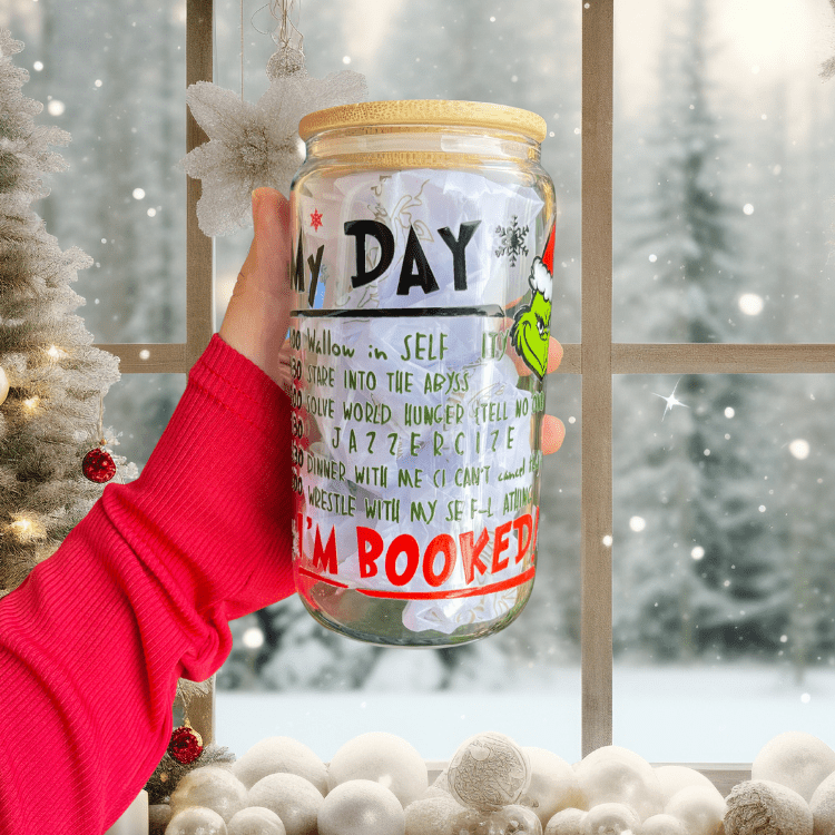 Christmas Grinch Glass Cup – 16oz Tumbler with Lid & Straw, Holiday Gift