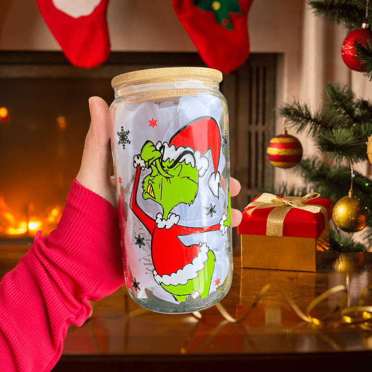 Christmas Grinch Glass Cup – 16oz Tumbler with Lid & Straw, Holiday Gift