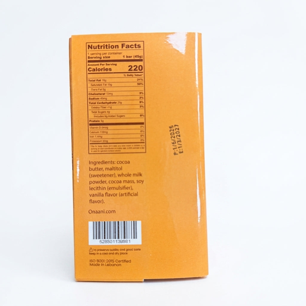 Onaani Milk Chocolate 45g - No Added Sugar Lebanese Chocolate Bar