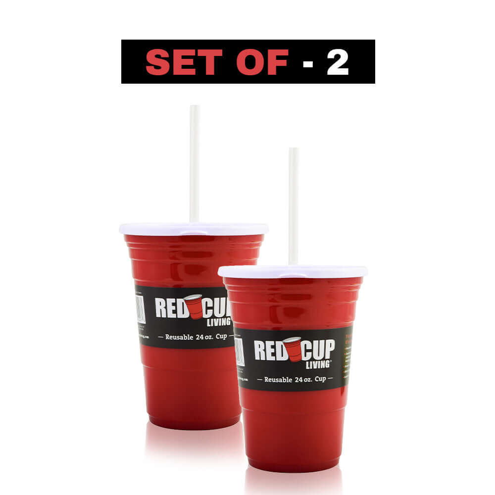 24oz Reusable Red Party Cups & Lids w/ Straws