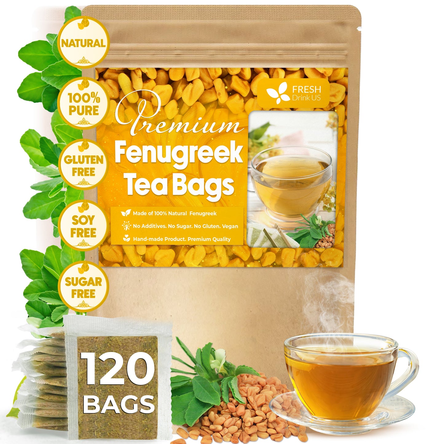 Premium Fenugreek Tea Bags. No Sugar, No Caffeine, No Gluten, Vegan. (30 Tea Bags)