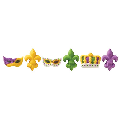 Mask, Crown and Fleur De Lis Edible Sugar Cake Toppers, 24 Count
